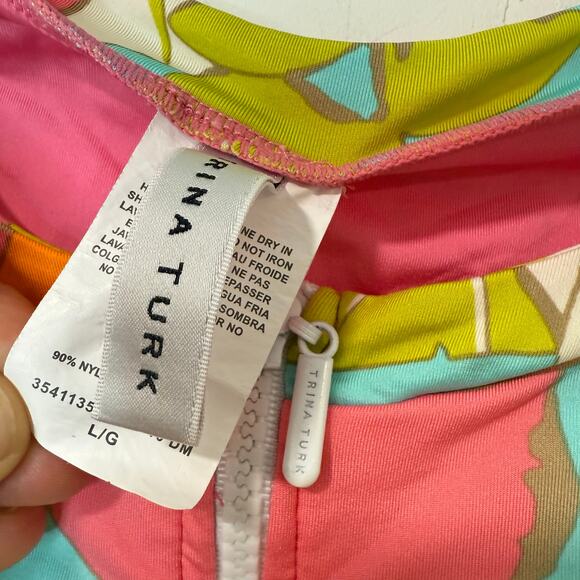 Trina Turk Playa Long Sleeve Paddle One Piece Swimsuit Multi Floral Pink Large - Picture 7 of 8